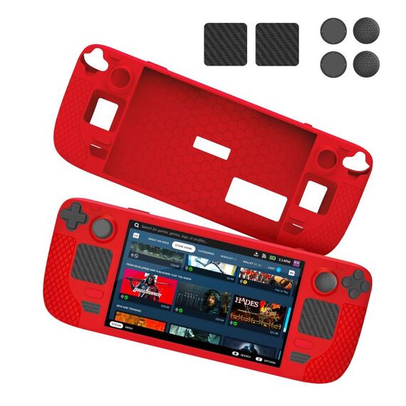 JYS JYS-SD011 Per Steam Deck 7 pz/set Custodia in silicone host con cappuccio joystick + set di adesivi touch board (rosso)