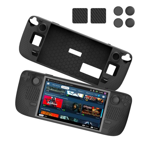 JYS JYS-SD011 Per Steam Deck 7 pz/set Custodia in silicone host con cappuccio joystick + set di adesivi touch board (nero)
