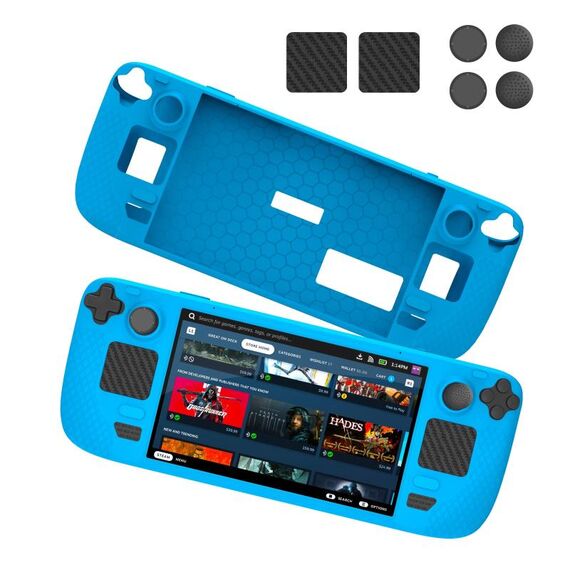 JYS JYS-SD011 Per Steam Deck 7 pz/set Custodia in silicone host con cappuccio joystick + set di adesivi touch board (blu)