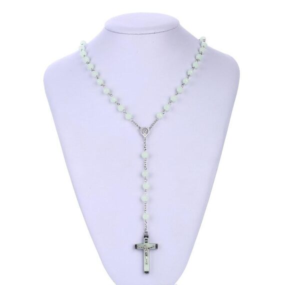 Collana con croce rosario luminoso in acrilico (verde luminoso)