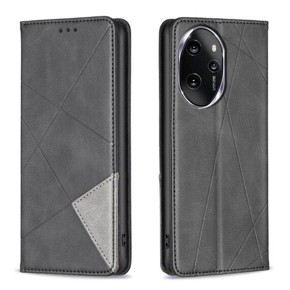 Custodia per telefono in pelle magnetica con texture romboidale per Honor 100 Pro (nera)