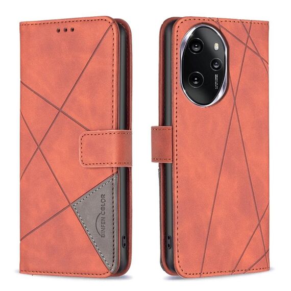 Custodia per telefono in pelle con trama romboidale con fibbia magnetica per Honor 100 Pro (marrone)