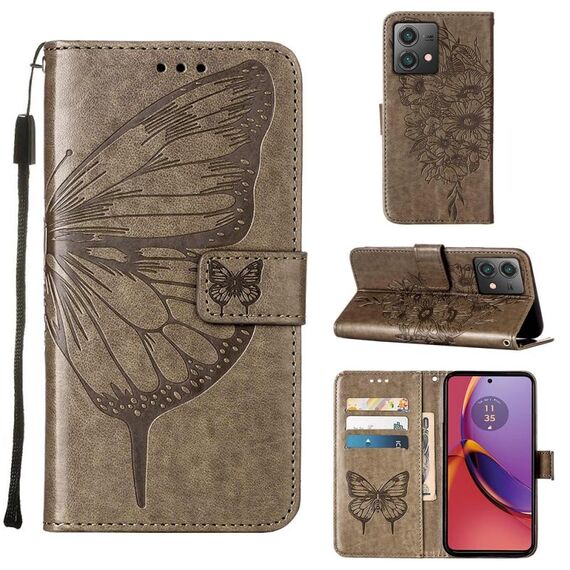 Custodia per cellulare in pelle con farfalla goffrata per Motorola Moto G84 (grigio)