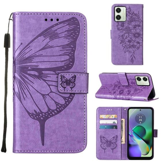 Custodia per cellulare in pelle con farfalla goffrata per Motorola Moto G54 (viola)