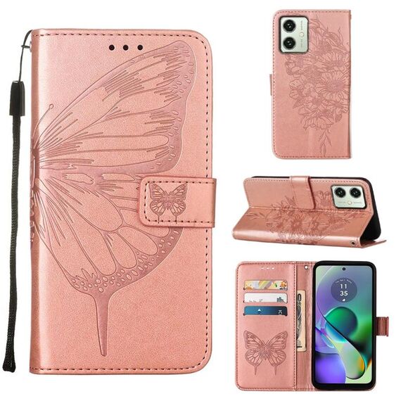Custodia per telefono in pelle con farfalla goffrata per Motorola Moto G54 (oro rosa)