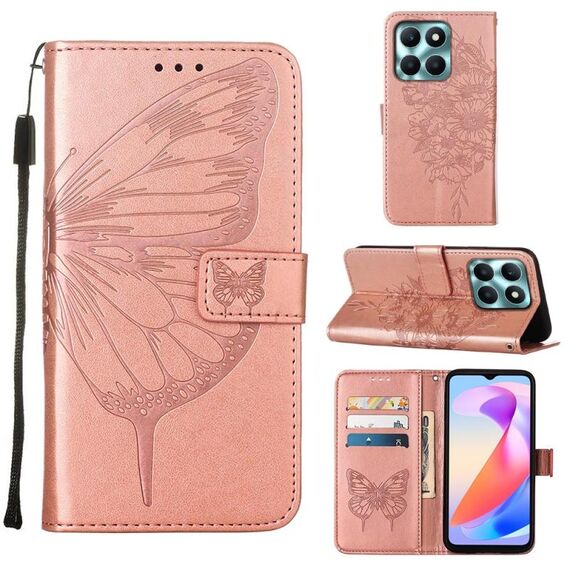 Custodia per telefono in pelle farfalla goffrata per Honor X6a (oro rosa)