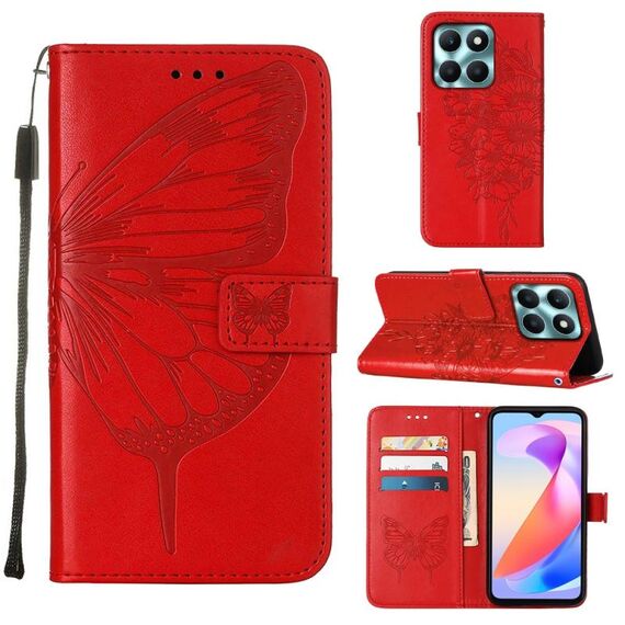 Custodia per telefono in pelle con farfalla goffrata per Honor X6a (rossa)