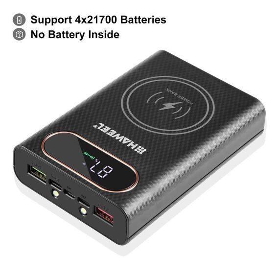 HAWEEL Fai da te 4 x 21700 Batteria 22,5 W Ricarica rapida 15 W Custodia per Power Bank con ricarica wireless con display, Batteria non inclusa (Nero)