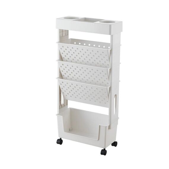 Scaffale in plastica con carrello mobile a 5 strati per scaffali verticali per libri per studenti (bianco)