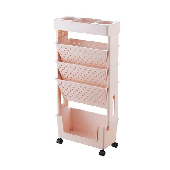 Scaffale in plastica con carrello mobile a 5 strati per scaffali verticali per libri per studenti (rosa)