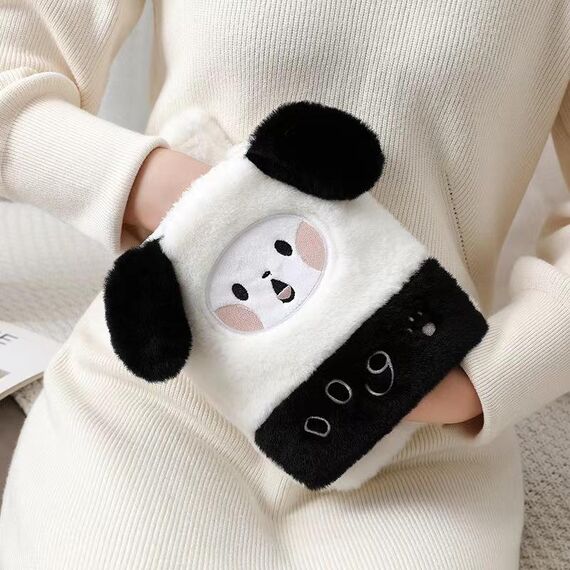 Borsa per acqua calda da 1 litro, scaldamani in peluche a due mani, stile: cucciolo in bianco e nero