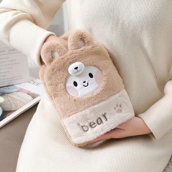 Borsa dell'acqua calda da 1 litro, scaldamani in peluche a due mani, stile: orso bruno