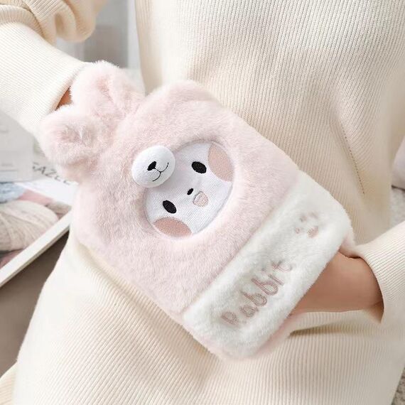 Borsa per acqua calda da 1 litro, scaldamani in peluche a due mani, stile: coniglietto rosa