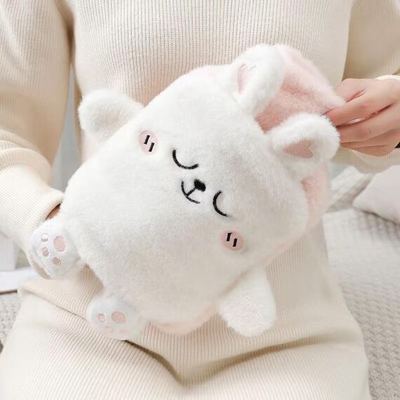 Borsa dell'acqua calda da 1 litro, scaldamani in peluche a due mani, stile: piccolo coniglio bianco