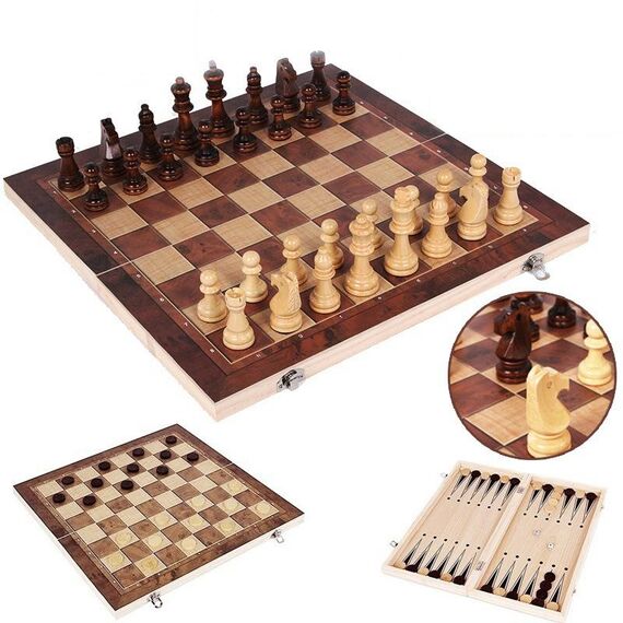 Scacchiera pieghevole con set di scacchi in legno 3 in 1 da 24 x 24 cm per bambini e adulti