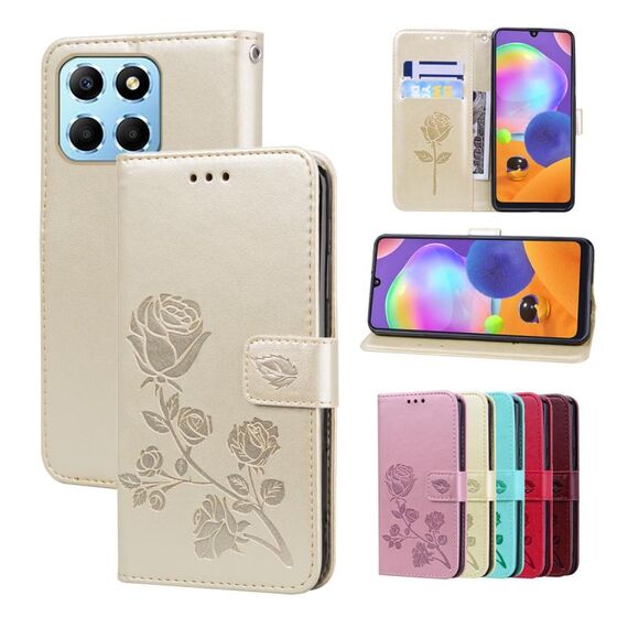 Custodia per cellulare in pelle PU con stampa in rilievo rosa per Honor X6a (oro)