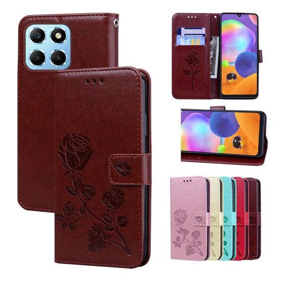 Custodia per telefono in pelle PU con vibrazione rosa goffrata per Honor X6a (marrone)