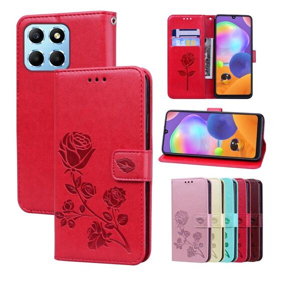 Custodia per cellulare in pelle PU con stampa in rilievo rosa per Honor X6a (rossa)