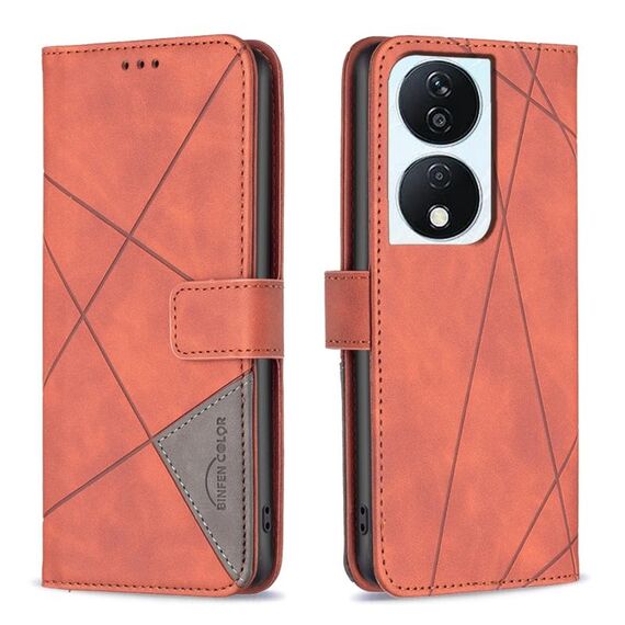 Custodia per telefono in pelle con trama romboidale con fibbia magnetica per Honor X7b (marrone)