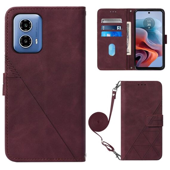Per Motorola Moto G34 Custodia a tracolla in pelle con custodia in rilievo 3D (vino rosso)