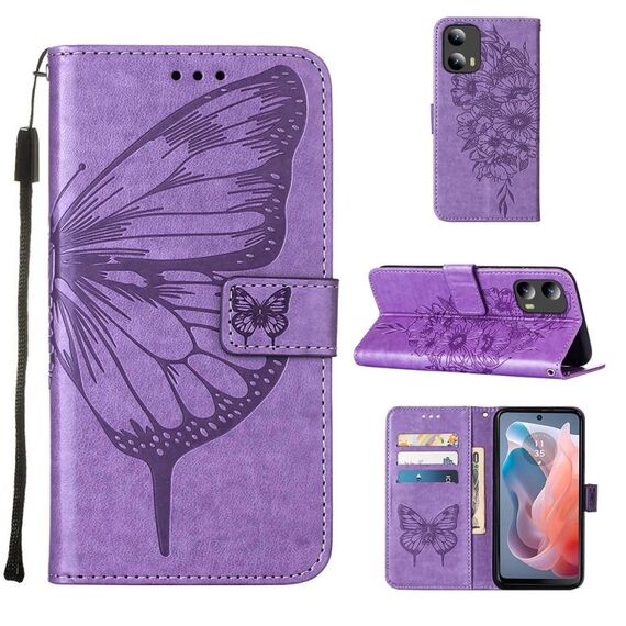 Per Motorola Moto G Play 5G 2024 Custodia per telefono in pelle con farfalla in rilievo (viola)