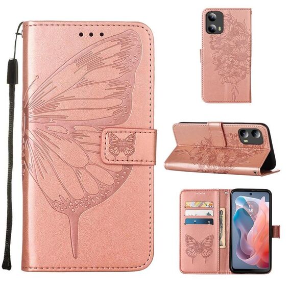 Per Motorola Moto G Play 5G 2024 Custodia per telefono in pelle con farfalla in rilievo (oro rosa)