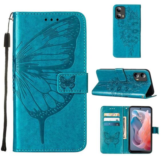 Custodia per telefono in pelle con farfalla in rilievo per Motorola Moto G Play 5G 2024 (blu)