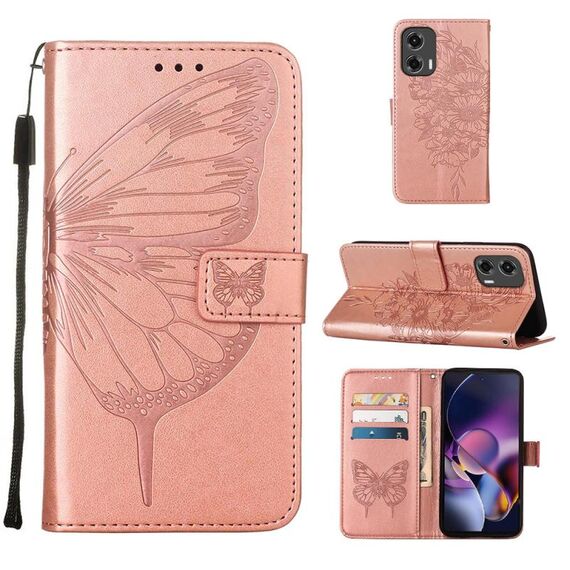Per Motorola Moto G Stylus 5G 2024 Custodia per telefono in pelle con farfalla in rilievo (oro rosa)