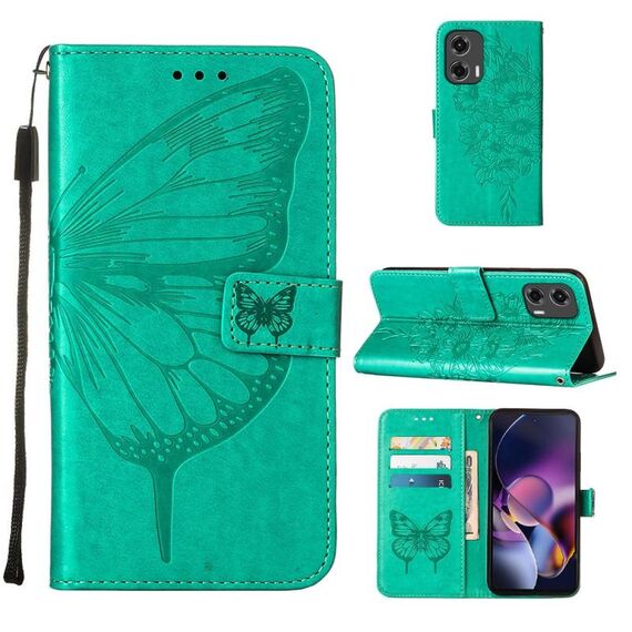 Per Motorola Moto G Stylus 5G 2024 Custodia per telefono in pelle con farfalla in rilievo (verde)