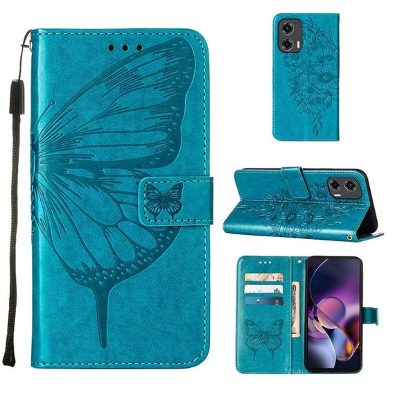 Per Motorola Moto G Stylus 5G 2024 Custodia per telefono in pelle con farfalla in rilievo (blu)