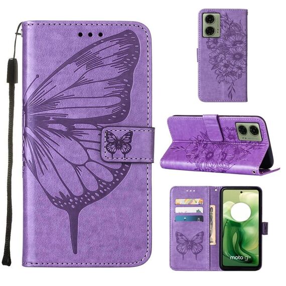 Custodia per cellulare in pelle con farfalla goffrata per Motorola Moto G04 4G / G24 4G (viola)
