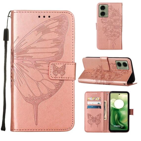 Custodia per cellulare in pelle con farfalla in rilievo per Motorola Moto G04 4G / G24 4G (oro rosa)