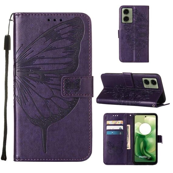 Custodia per cellulare in pelle con farfalla goffrata per Motorola Moto G04 4G / G24 4G (viola scuro)