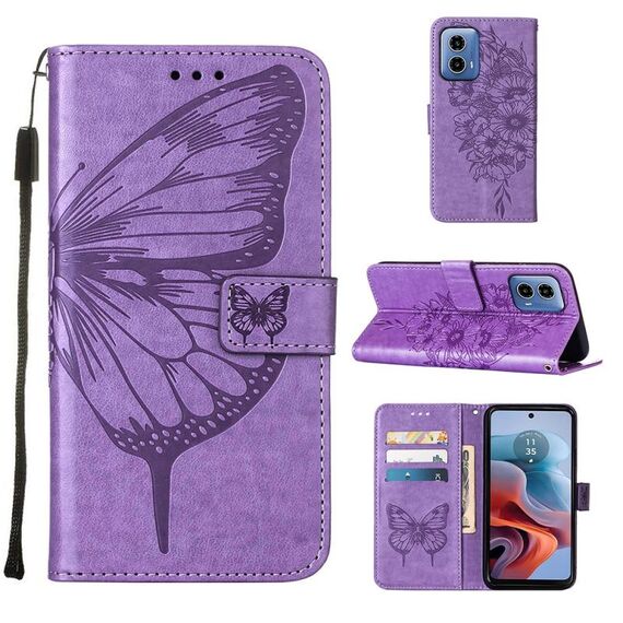 Custodia per cellulare in pelle con farfalla goffrata per Motorola Moto G34 (viola)