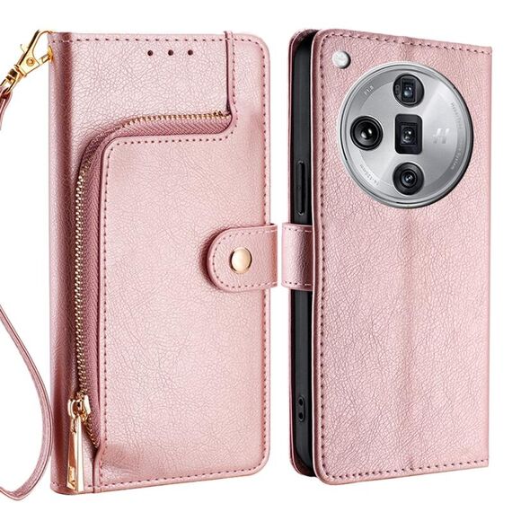 Per OPPO Find X7 Ultra 5G Custodia per telefono in pelle con cerniera (oro rosa)