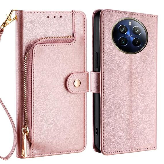 Custodia per telefono in pelle con cerniera per Realme 12 Pro 5G (oro rosa)