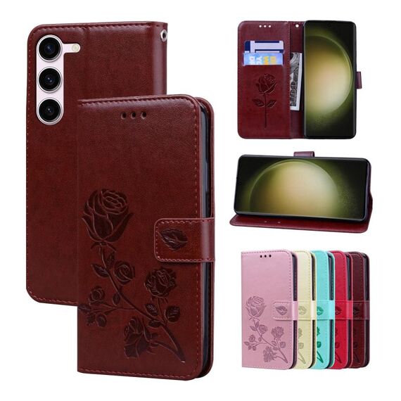 Custodia per telefono in pelle PU con vibrazione rosa goffrata per Samsung Galaxy S23+ 5G (marrone)