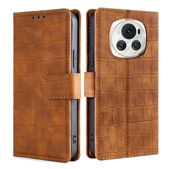 Custodia per telefono in pelle con chiusura magnetica in coccodrillo per Honor Magic6 5G (marrone)