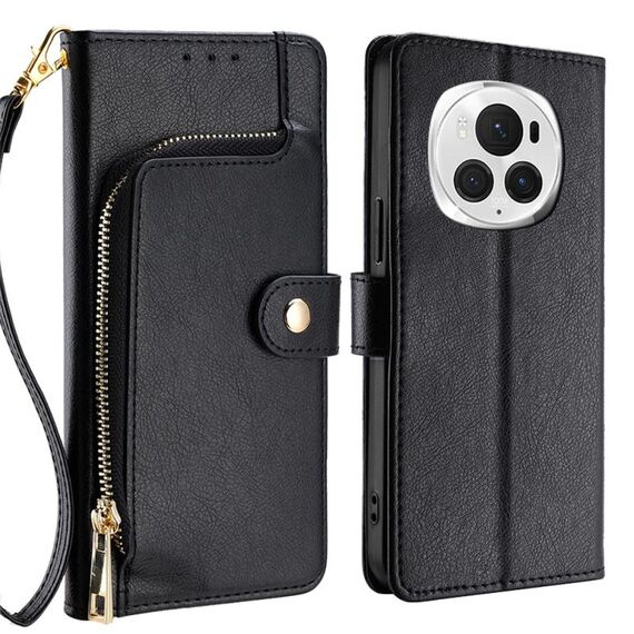 Custodia per telefono in pelle con cerniera per Honor Magic6 Pro (nera)