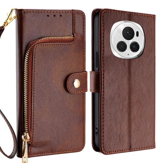 Custodia per telefono in pelle con cerniera per Honor Magic6 Pro (marrone)