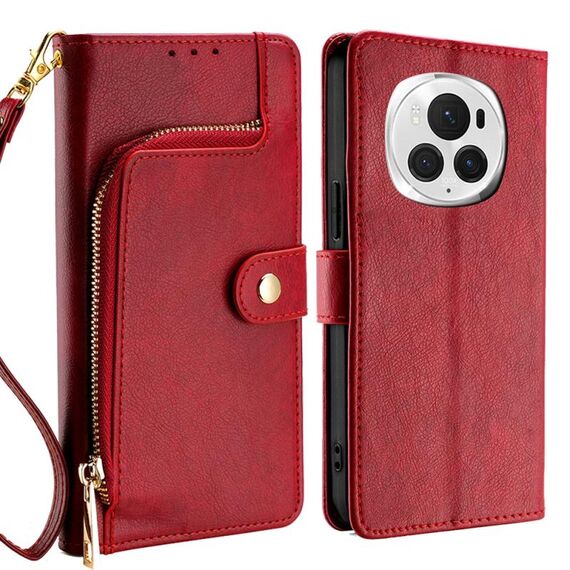 Custodia per telefono in pelle con cerniera per Honor Magic6 Pro (rossa)