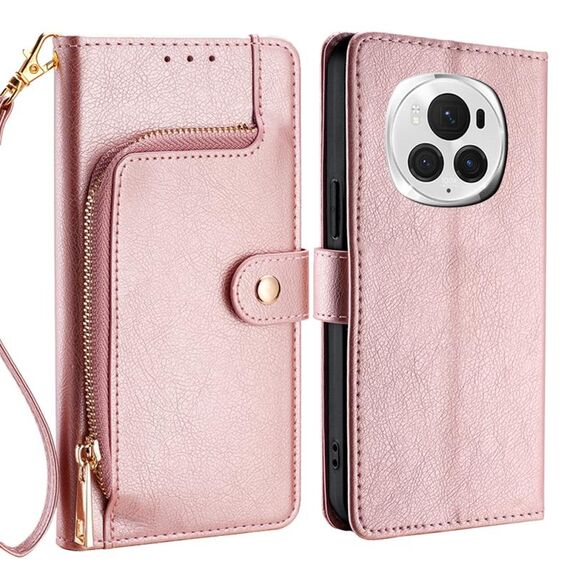 Custodia per telefono in pelle con cerniera per Honor Magic6 Pro (oro rosa)