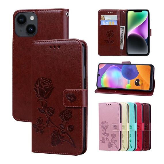 Custodia per telefono in pelle PU con vibrazione rosa goffrata per iPhone 15 Plus (marrone)