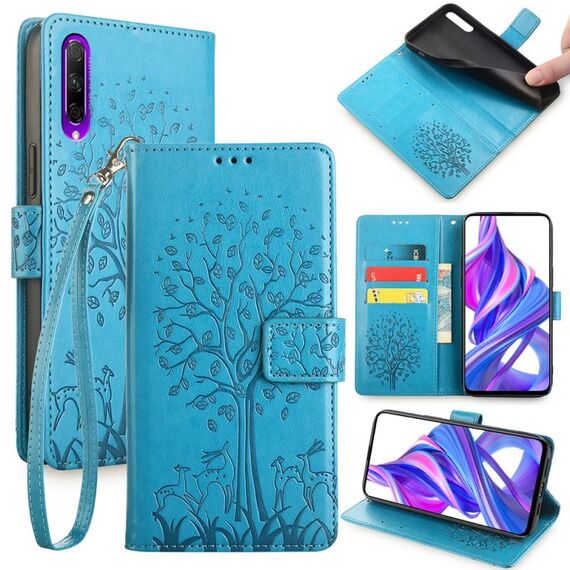 Custodia per telefono in pelle goffrata albero e cervo per Honor 9X (blu)