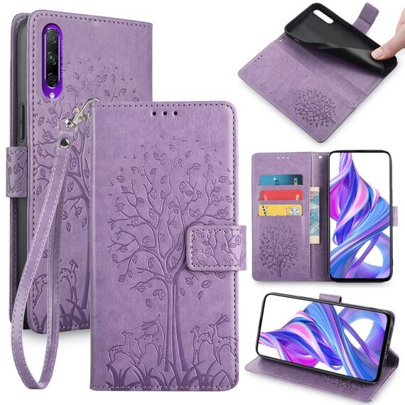 Custodia per telefono in pelle goffrata albero e cervo per Honor 9X (viola)