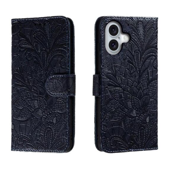 Custodia per cellulare in pelle con vibrazione in rilievo con fiori in pizzo per iPhone 16 (blu scuro)