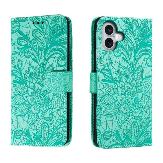 Custodia per telefono in pelle con vibrazione in rilievo con fiori in pizzo per iPhone 16 Plus (verde)