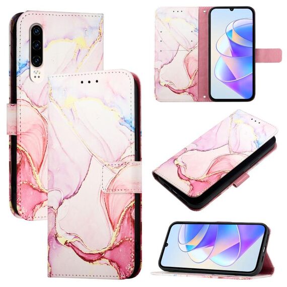 Per Huawei P30 PT003 Custodia in pelle con motivo in marmo (LS005 Oro rosa)