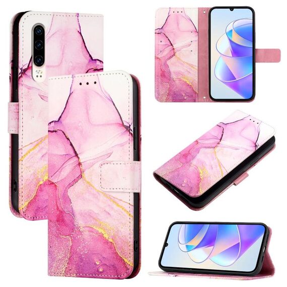 Custodia per telefono in pelle flip con motivo marmorizzato per Huawei P30 PT003 (LS001 oro rosa viola)