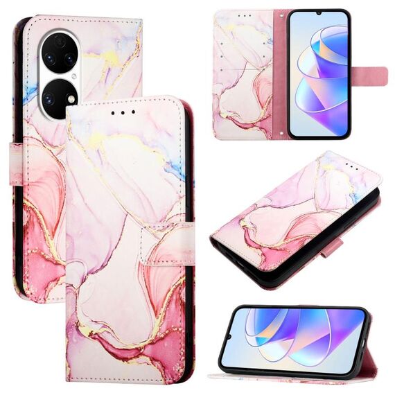 Per Huawei P50 Pro PT003 Custodia in pelle con motivo in marmo (LS005 Oro rosa)
